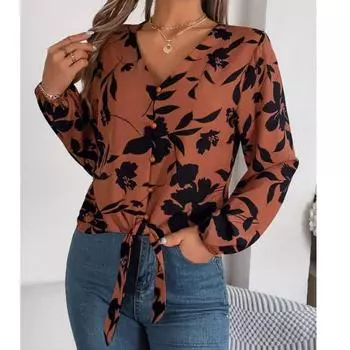 Женская рубашка осень-зима, элегантная, контрастная, с цветочным узором, рукавом-фонариком, лацканами, блузка, модный повседневный женский топ S белый