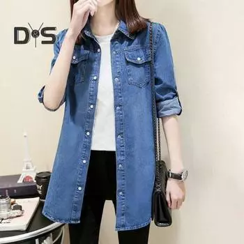 Женская рубашка-пальто с лацканами и длинными рукавами, свободная джинсовая рубашка средней длины, базовая верхняя одежда в повседневном стиле с карманами L темно-синий