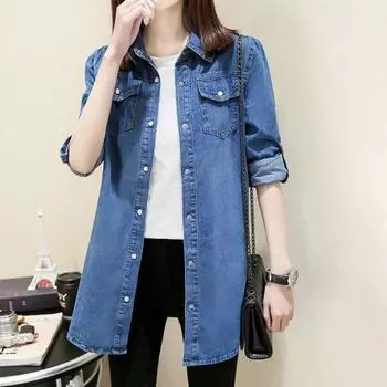Женская рубашка-пальто с лацканами и длинными рукавами, свободная джинсовая рубашка средней длины, базовая верхняя одежда в повседневном стиле с карманами S темно-синий