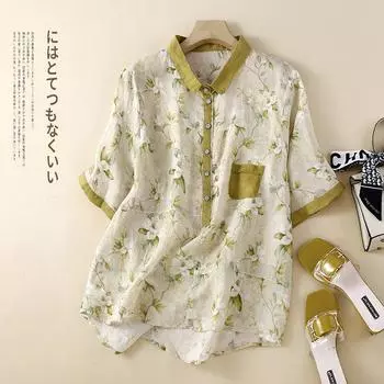 Женская рубашка поло с коротким рукавом, из хлопка и льна с принтом, лето 2025, литературная и ретро, свободная и тонкая, с цветочным пуловером M жёлтый