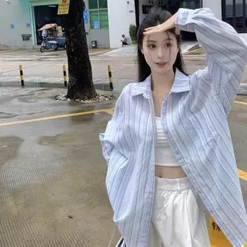 Женская рубашка-поло Salt System Lazy Wind Striped с длинными рукавами и защитой от солнца, весна-лето 2025, новая свободная повседневная рубашка с тонкими секциями S синий