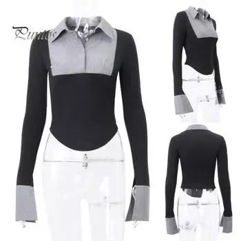 Женская рубашка, полурасстегивающаяся, подходящая по цвету, застегивающаяся на пуговицы, отложной воротник, тонкая блузка, полосатые манжеты с разрезами, рукава-рога, топ для работы, вечеринки, повседневной носки S чёрный