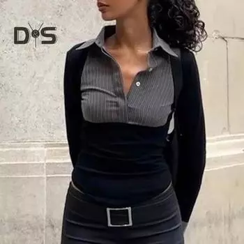 Женская рубашка, полурасстегивающаяся, подходящая по цвету, застегивающаяся на пуговицы, отложной воротник, тонкая блузка, полосатые манжеты с разрезами, рукава-рога, топ для работы, вечеринки, повседневной носки M чёрный