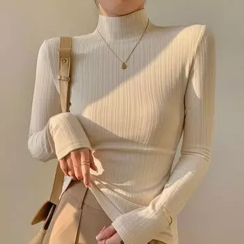 Женская рубашка-полуводолазка, футболка из эластичного трикотажа на осень/зиму, трикотажная рубашка с низом M белый