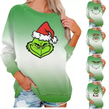 Женская рубашка, повседневная футболка с длинными рукавами и рождественским принтом, круглый вырез и нашивка, топ XXL