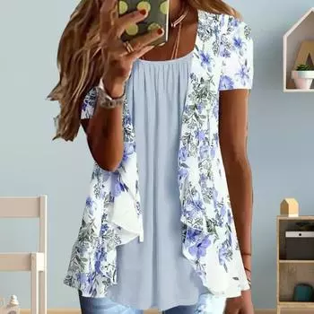 Женская рубашка, повседневная футболка с круглым вырезом и коротким рукавом в богемном стиле, негабаритная футболка, блузка 3XL синий