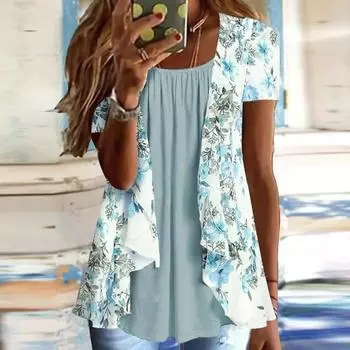 Женская рубашка, повседневная футболка с круглым вырезом и коротким рукавом в богемном стиле, футболка большого размера, блузка, уличная одежда XL зелёный