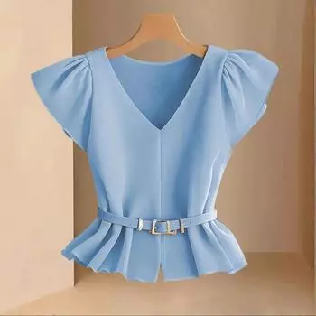 Женская рубашка повседневная мягкая удобная и модная французская светло-клиентская голубая с V-образным вырезом простая и элегантная рубашка и без ремня L
