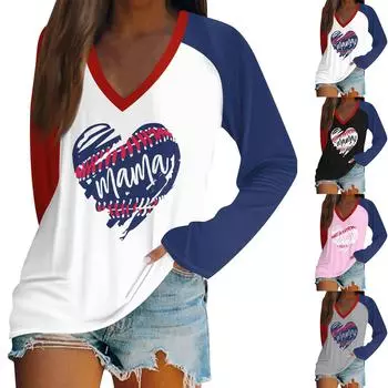 Женская рубашка, повседневная свободная рубашка с длинными рукавами и лоскутным принтом, топ с v-образным вырезом, футболка с принтом L чёрный