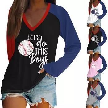 Женская рубашка, повседневная свободная рубашка с длинными рукавами и лоскутным принтом, топ с v-образным вырезом, футболка с принтом L чёрный