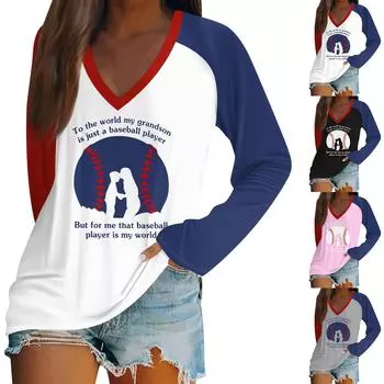 Женская рубашка, повседневная свободная рубашка с длинными рукавами и лоскутным принтом, топ с v-образным вырезом, футболка с принтом