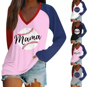 Женская рубашка, повседневная свободная рубашка с длинными рукавами и лоскутным принтом, топ с v-образным вырезом, футболка с принтом L чёрный