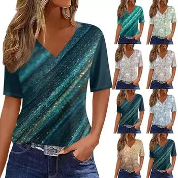 Женская рубашка, повседневная свободная рубашка с короткими рукавами и праздничным принтом, топ с v-образным вырезом, футболка с принтом