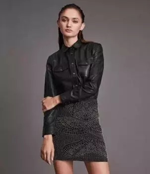 Женская рубашка приталенного кроя спереди, черная, стильная, из натуральной овчины, ручная работа, праздничная рубашка S чёрный