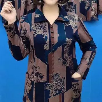 Женская рубашка, пуговицы с лацканами, половина планки, топы с длинными рукавами и карманами, пуловер свободного покроя с геометрическим принтом 3XL синий