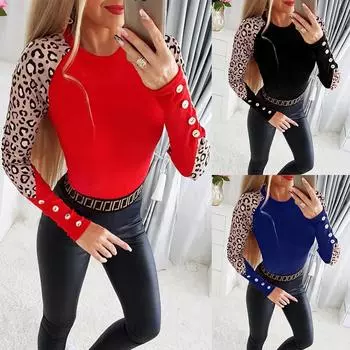 Женская рубашка-пуловер с длинным рукавом в рубчик с леопардовым принтом, повседневная лоскутная блузка, топы