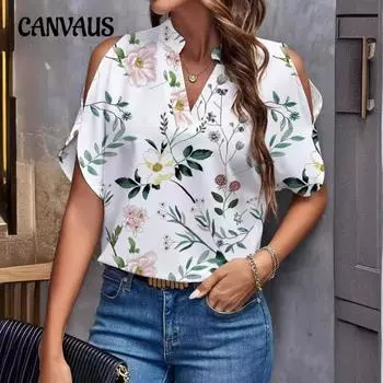 Женская рубашка размера плюс, летняя, с принтом, V-образным вырезом, темпераментная, модная, без бретелек, рукава-топ S