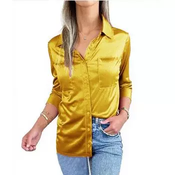 Женская рубашка-рубашка из однотонного атласа с длинными рукавами и лацканами на весну и лето S чёрный