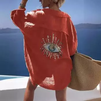 Женская рубашка-рубашка на весну и лето, пальто с лацканами, однобортная рубашка с длинными рукавами и блестками, декор для глаз, свободная посадка, рубашка средней длины, верхняя одежда 2XL абрикосовый