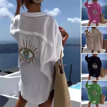 Женская рубашка-рубашка на весну и лето, пальто с лацканами, однобортная рубашка с длинными рукавами и блестками, декор для глаз, свободная посадка, рубашка средней длины, верхняя одежда L зелёный