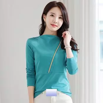 Женская рубашка-рубашка весна-осень 3XL с воротником-полуворотом, двусторонний хлопковый топ, узкая футболка с длинным рукавом для поездок на работу S