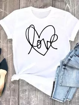 Женская рубашка с акварельным принтом «Любовное сердце», футболка, повседневная женская одежда, женская модная футболка с коротким рукавом и графическим принтом S белый