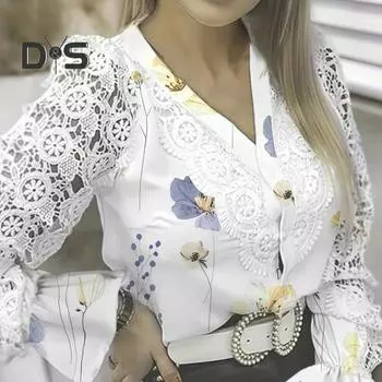 Женская рубашка с ажурным кружевом, лоскутным цветочным принтом, длинным рукавом, круглым вырезом, V-образным вырезом, однобортная, мягкая, средней длины, блузка Comute L