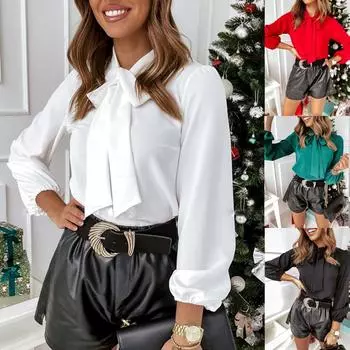 Женская рубашка с бантом на весну и лето, офисная блузка, модные повседневные топы с длинным рукавом S чёрный