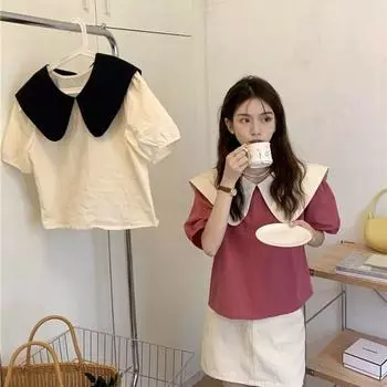 Женская рубашка с бантом сзади и кукольным вырезом, короткий рукав, контрастный цвет, женский пуловер, летние женские шикарные рубашки S розовый