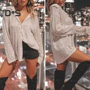 Женская рубашка с блестящими пайетками и мягкими лацканами, свободный однотонный кардиган, однобортный, для выступлений, клуба, вечеринок, леди, топ 3XL шампанского