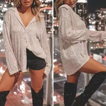 Женская рубашка с блестящими пайетками, мягкие лацканы, свободный однотонный кардиган, однобортный женский топ для клубных вечеринок XL белый