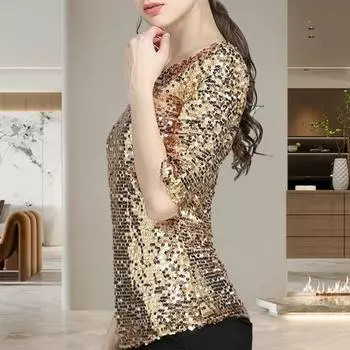 Женская рубашка с блестящими пайетками, с половиной рукавом и круглым вырезом, свободная однотонная мягкая дышащая пуловер, сверкающая коктейльная блузка для вечеринки, выпускного вечера M золотистый