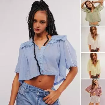 Женская рубашка с большим лацканом, кружевной отделкой, рубашка с коротким рукавом, однотонная, свободного кроя, повседневная рубашка, повседневная одежда XS жёлтый