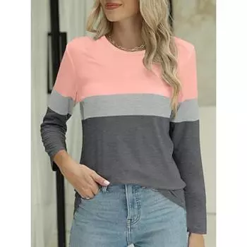 Женская рубашка с цветным полосатым принтом, повседневная, с длинным рукавом и круглым вырезом, розовая, весна и осень S