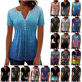 Женская рубашка с цветным принтом на пуговицах, V-образный вырез, короткий рукав, футболка на пуговицах, летние повседневные топы S