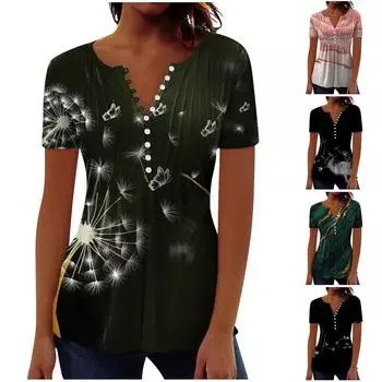 Женская рубашка с цветным принтом на пуговицах, V-образный вырез, короткий рукав, футболка на пуговицах, летние повседневные топы S