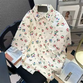 Женская рубашка с цветочным принтом, летняя японская винтажная блузка с коротким рукавом и воротником-лацканами, один карман, офисные женские свободные топы для темперамента M белый