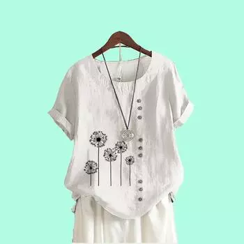 Женская рубашка с цветочным принтом, модный топ с круглым вырезом и короткими рукавами, летняя повседневная футболка, женские свободные блузки больших размеров S коричневый