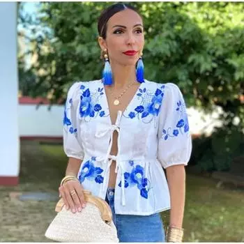 Женская рубашка с цветочным принтом на шнуровке, короткими рукавами-фонариками и V-образным вырезом, повседневная, для офиса, весна-лето S синий