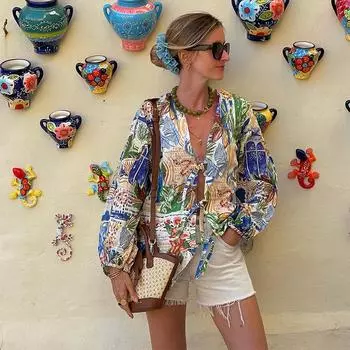 Женская рубашка с цветочным принтом, на шнуровке, открытая блузка, пляжный V-образный вырез, длинный рукав-фонарик, свободный кардиган 2024 года, новый модный повседневный женский топ больших размеров S