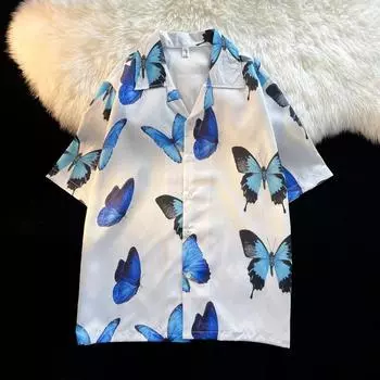 Женская рубашка с цветочным принтом в стиле ретро, свободный топ для пары в гонконгском стиле, летняя пляжная блузка с лацканами и короткими рукавами One Size белый