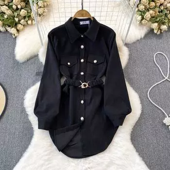 Женская рубашка с длинным рукавом, белая, с поясом, блузки Y2k, темперамент, тонкая одежда, милая корейская шик, лето, осень для девушек One Size чёрный