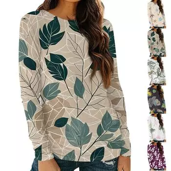 Женская рубашка с длинным рукавом и круглым вырезом, базовая осенняя футболка с принтом дефолиации, повседневный облегающий топ M