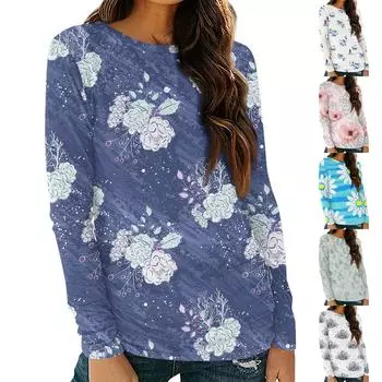 Женская рубашка с длинным рукавом и круглым вырезом, футболка с цветочным принтом, повседневный приталенный топ XXXL циан