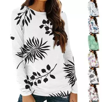 Женская рубашка с длинным рукавом и круглым вырезом, базовая осенняя футболка с принтом дефолиации, повседневный облегающий топ XXL синий