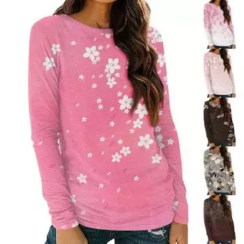 Женская рубашка с длинным рукавом и круглым вырезом, футболка с цветочным принтом, повседневный приталенный топ XL розовый