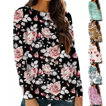 Женская рубашка с длинным рукавом и круглым вырезом, футболка с цветочным принтом, повседневный приталенный топ XXL чёрный