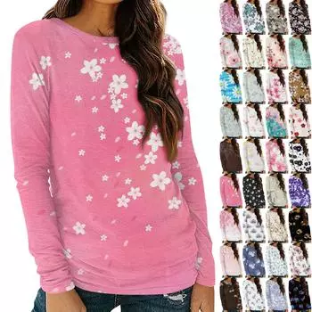 Женская рубашка с длинным рукавом и круглым вырезом, футболка с цветочным принтом, повседневный приталенный топ L чёрный