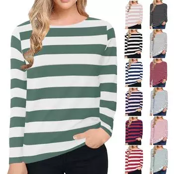 Женская рубашка с длинным рукавом и круглым вырезом, пуловер с полосатым принтом, футболка, топ, пуловер L армия зеленый