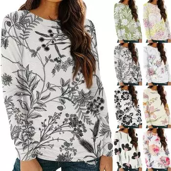 Женская рубашка с длинным рукавом и круглым вырезом, футболка с цветочным принтом, повседневный приталенный топ L чёрный